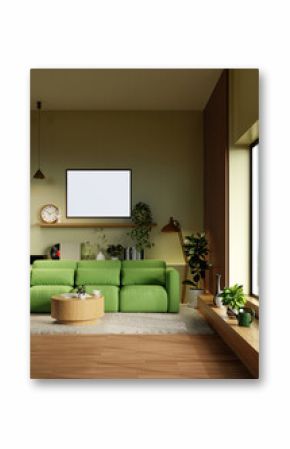 Sustainable living room design featuring green furniture and plants. 3D render illustration