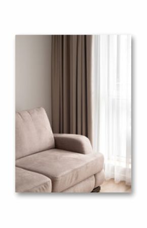 Minimal neutral modern design interior, soft velure taupe beige sofa, linen curtains on window with natural light, neutral white wall background, lifestyle home living room interior