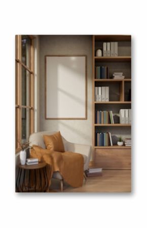 Armchair with a pillow and blanket beside wooden table and bookshelf with sunlight through window.