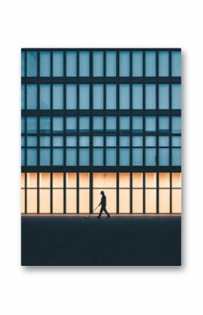 A silhouette of a person walking past a modern building with large illuminated windows during dusk or night.