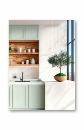 Minimalist kitchen boasts light green cabinets and white marble backsplash