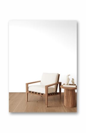 Wooden lounge chair with cushion and side table PNG mockup with transparent background and shadow, ceramic bird decor, Scandinavian accent seating for interior design projects