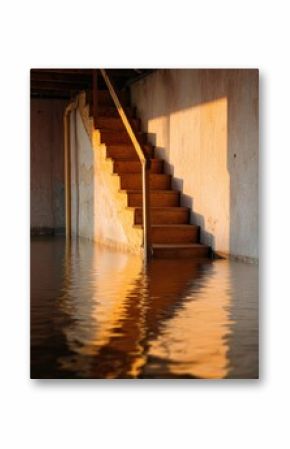 Flooded basement interior with wooden stairs and standing water highlighting waterlogging risk and structural damage for real estate and restoration marketing