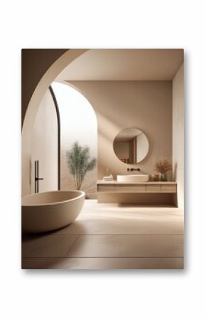 Ein modernes, minimalistisches Badezimmer in Beige mit glatten Steinflächen und eleganter, gebogener Architektur