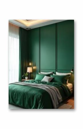 Modern bedroom features deep green walls, bedding for luxurious feel. Elegant decor includes textured panels, ambient lighting, stylish bedside lamp, creating serene, comfortable sleep space.