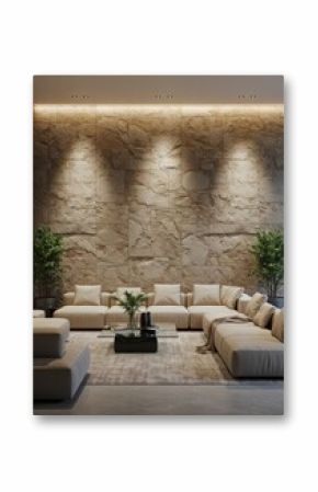 Living room with stone wall and modular sofa under recessed lighting and potted plants on the sides