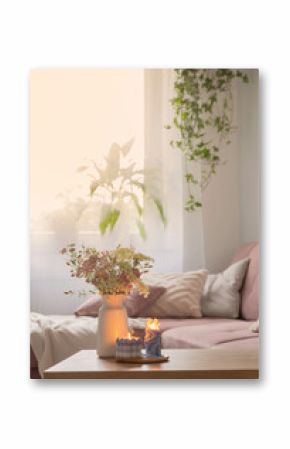 burning candles and flowers in vase in cozy living room