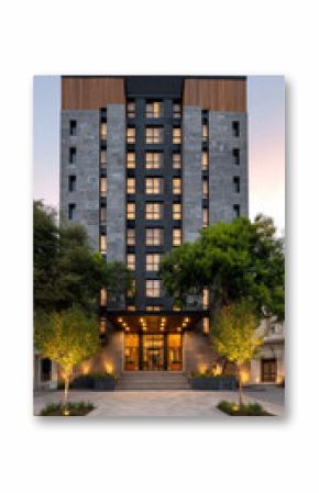 Facade of a modern luxury hotel with an illuminated entrance at dusk
