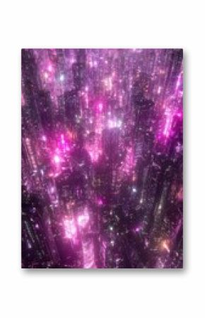 Futuristic cityscape at night illuminated by vibrant pink and purple neon lights.