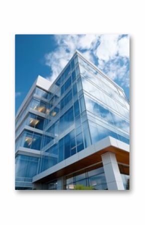Modern glass office building against blue sky with clouds