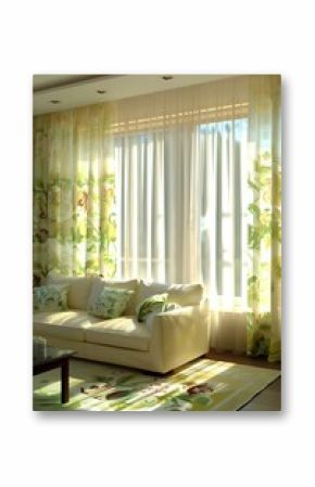 Bright sunlit living room with cream sofa, floral pattern curtains and matching rug creating cozy atmosphere. Natural light streams through sheer window treatments.