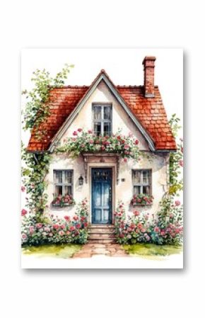 vintage house with flowers. watercolor card, postcard.