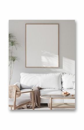 Minimalist Living Room Interior with White Sofa and Poster Frame Mockup 