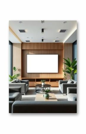 A blank tv screen in a modern office lounge with comfortable sofas green plants and a coffee table for business or corporate videos Empty room interior design architecture blank design room
