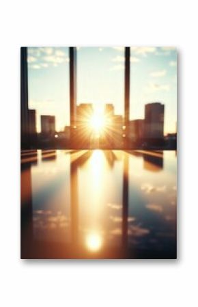 A bright sunrise shines through a window overlooking a city skyline, casting warm light and reflections on a smooth surface inside.