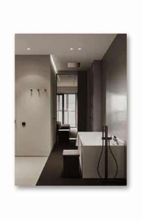 Modern bathroom interior, modern bathroom cabinet, white double sink and bathtub, wooden floor, bathroom accessories and shower, 3D render