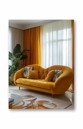 Yellow sofa in a luxurious art deco style interior design of a modern living room, complemented by yellow curtains, Generative AI