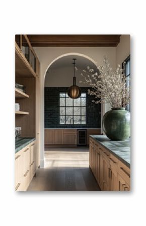 modern kitchen interior featuring wooden cabinetry, large green vase with flowers, and stylish pendant light. space is bright and airy, with large windows allowing natural light