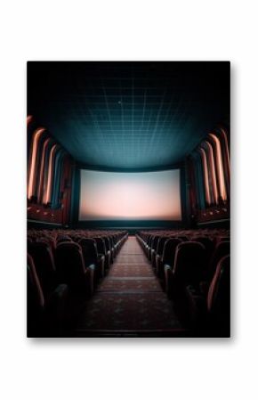 The Cinematic Stage: An atmospheric capture of a classic cinema, with rows of plush seats leading the eye toward the bright, inviting screen, ready for the show.