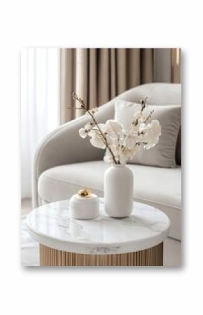 Minimalist arrangement of flower vase and container on a marble side table in a room