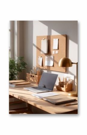 Cozy home office desk with laptop, notebooks, and wooden accessories in sunlight. Minimalist dorm study desk with laptop, stationery organizer, desk lamp, notebooks, and corkboard