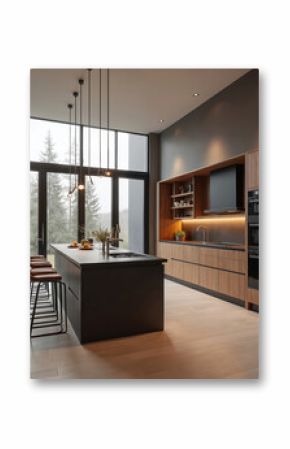 Modern luxury kitchen featuring dark island with seating, warm wood cabinets, stainless steel appliances, sleek quartz countertops. Large windows offer forest views. Contemporary design elements