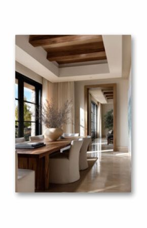 Organic modern dining room with wooden table, white chairs, large ceramic vase, natural light, and wooden ceiling beams create serene atmosphere