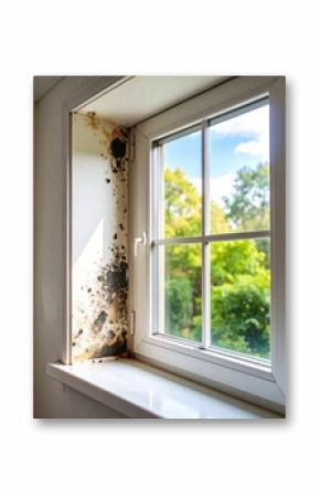 Moldy window frame against a backdrop of trees