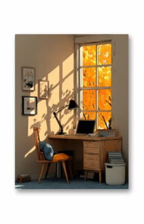 Cozy home office with wooden desk and chair by window showcasing vibrant autumn leaves