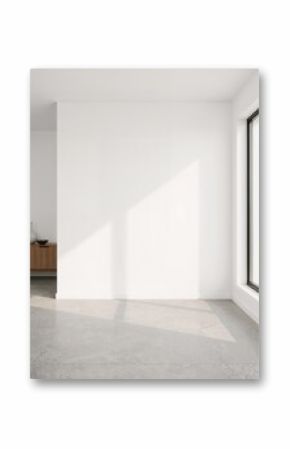 Modern interior with minimalist design showcasing a pristine white wall bathed in natural light, enhancing the space's serenity and openness offering a calming atmosphere