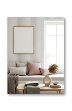 Mockup poster frame hanging on striped wall in cozy Scandinavian living room with built-in bench, neutral and blush pillows, and natural decor elements