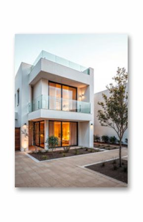 Modern Two-Story House with Glass Balcony at Dusk