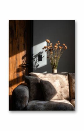Elegant Floral Arrangement in a Cozy Living Room Bathed in Warm Natural Light and Shadows