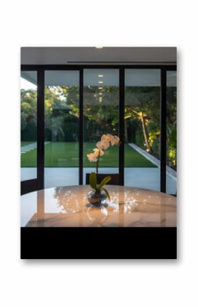 Elegant dining area with marble table and orchid dining room