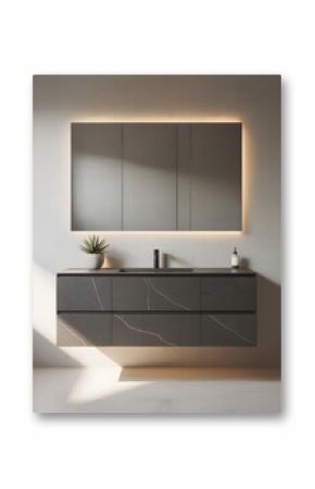 Modern gray bathroom vanity with integrated sink and illuminated mirror