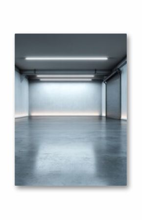 A modern, spacious garage interior with a concrete floor and open door