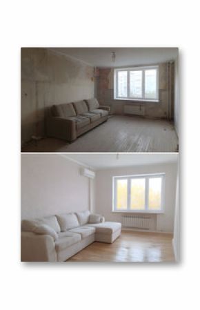 Living Room Renovation Before and After. Side-by-side transformation of a residential living space
