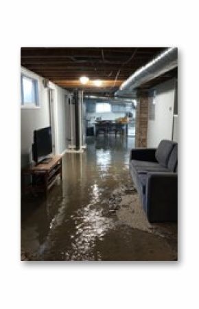 Stunning photo of flooded basement due to snowmelt or a pipe burst highlights the challenges of water damage restoration.