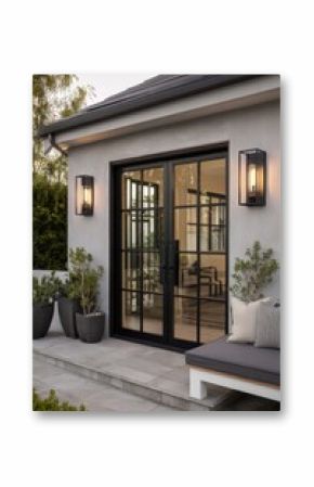 Step into a beautifully designed modern entrance featuring chic black doors, enhanced by inviting warm lighting that highlights a delightful seating area nestled in a tranquil backyard oasis