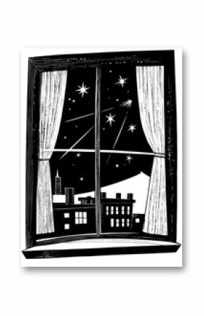 Linocut window illustration shooting stars.