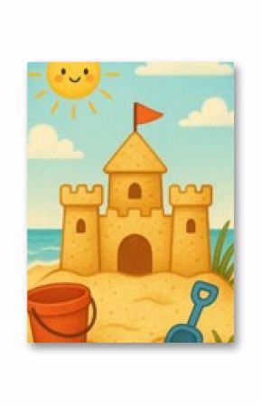 Whimsical beach sandcastle illustration.
