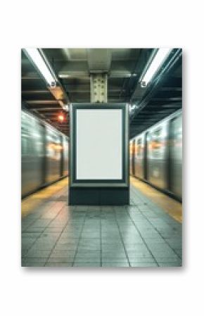 Stunning photo of empty advertisement display in NYC subway station. Fast moving train visible in background. Modern marketing media template. Mock up poster. Vertical design.