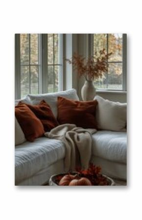Cozy Autumn Living Room With Warm Colors and Seasonal Decorations in a Bright Space