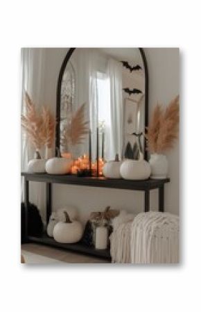 Elegant Autumn Decor With White Pumpkins and Candles for a Cozy Ambiance in a Modern Living Space.
