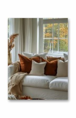 Cozy Living Room Setup With Autumn Decorations and Warm Tones