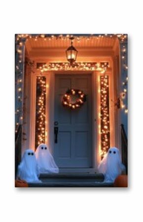 Festive Halloween Decorations Illuminate a Charming Home Entrance.