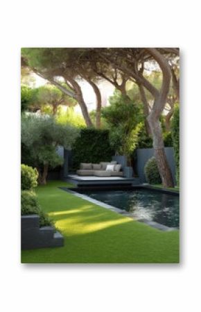 Modern garden with pool and lounge. Lush greenery,  a tranquil retreat