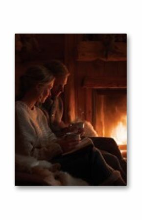 Couple enjoying warm drinks by the fireplace in a cozy cabin during winter evening