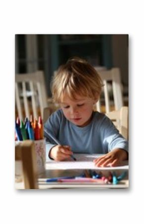 Young child draws with crayons while seated at a table in a bright room during daylight hours