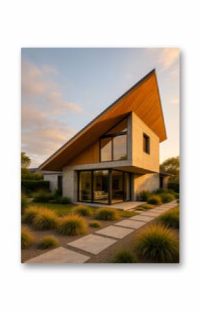 Modern house architecture with unique angled roof and garden path